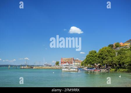 Vista del porto di Meersburg sul lago di Costanza, Bodenseekreis, Baden, Baden-Wuerttemberg, Germania meridionale, Germania, Europa Foto Stock