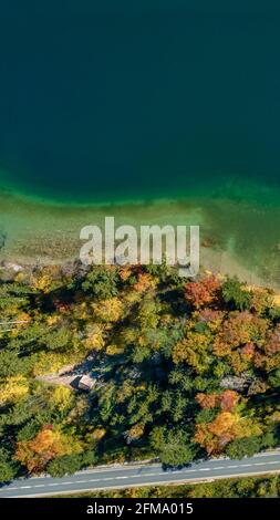 Vista dall'alto del drone di un lago con una foresta colorata in autunno e una strada nella parte inferiore della foto Foto Stock