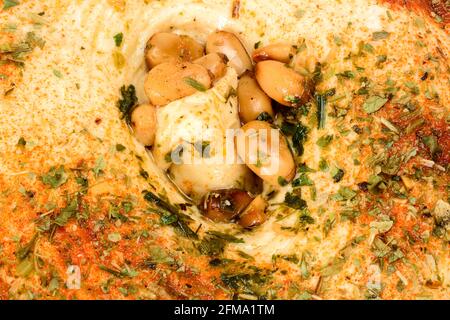 Hummus di ceci con noci di cedro, paprika, olio d'oliva e diverse specie. Colorato primo piano sfondo macro con popolare spuntino orientale. Foto Stock