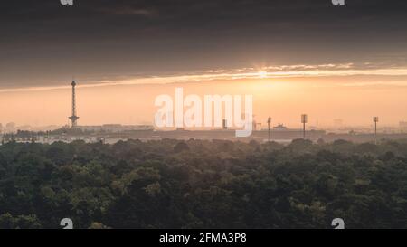 Alba in autunno sulla misteriosa Grunewald con vista sulla torre della radio e sulla torre della televisione di Berlino. Foto Stock