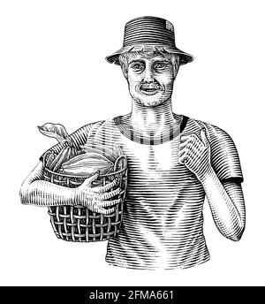 Gli uomini che tengono i cestini della mano di frutta di cacao disegnano l'annata clip art in bianco e nero isolato su bianco sfondo Illustrazione Vettoriale