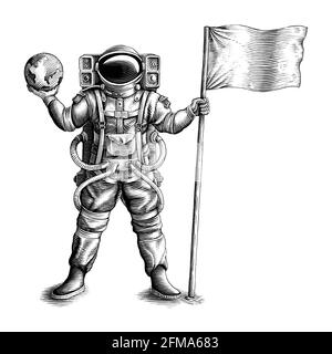 L'astronauta in piedi e tenendo bandiera e globo mano disegnare clip art vintage in bianco e nero isolato sfondo bianco Illustrazione Vettoriale