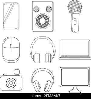 Impostare le icone dei dispositivi digitali disegnate solo con contorni, tra cui cuffie, cuffie, monitor, computer portatile, fotocamera, telefono, altoparlanti, microfono e mouse. Illustrazione Vettoriale