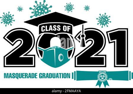 2021 Classe in maschera medica durante la quarantena. Graduazione massaggiata estrema. Testo per il design di laurea, saluti, t-shirt, festa, scuola superiore o co Illustrazione Vettoriale