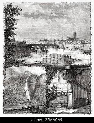 Vista panoramica generale di Tolosa. Lago d'Oo, lago vicino a Luchon. Francia. Illustrazione del vecchio XIX secolo incisa da Histoire de la Revolution Francaise 1876 di Jules Michelet (1798-1874) Foto Stock