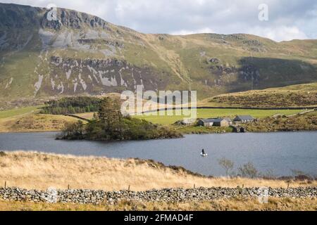 Cregennan Lake,Cregennan Lakes,at,base,near,Cadair Idris,Cader Idris,mountain.picturesque,remote,Mid,West,Wales,rurale,paesaggistico,rurale,location,la principale 'pointy' collina che si vede accanto al lago è chiamato 'Pared y Cefn Hir' ed è raggiungibile a piedi. E' ripida come sembra, ma una volta che siete in cima potete seguire il percorso ondulato su tutte le creste, con vedute di Barmouth e giù sui laghi. Si scende e si segue il sentiero alla base della collina, o si può camminare tra i laghi oltre la casa barca. Foto Stock