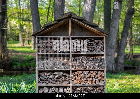 Primo piano di una casa artificiale bio-ecologica per genere di un'api e un insetto alla natura Foto Stock