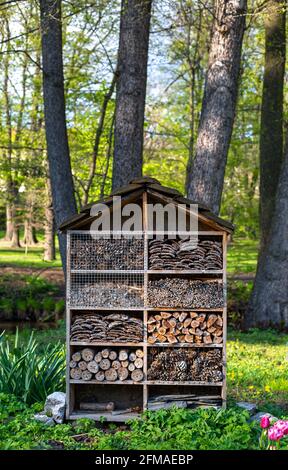 Primo piano di una casa artificiale bio-ecologica per genere di un'api e un insetto alla natura Foto Stock