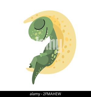 Il piccolo dinosauro del bambino dorme sulla luna. Cielo stellato notte isolato oggetto su sfondo bianco. Allegro tipo animale dino bambino. Cartoni animati stile piatto Illustrazione Vettoriale