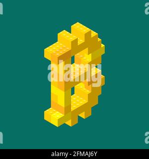 Cartello bitcoin isometrico assemblato da blocchi di plastica. Illustrazione vettoriale. Illustrazione Vettoriale