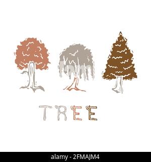 Icona del motivo di stampa di blocchi di alberi intagliati naive . Cute rustic silhouette illustrazione testo clipart. Scritta decorativa con adesivo lino intagliato a mano. Isolato Illustrazione Vettoriale