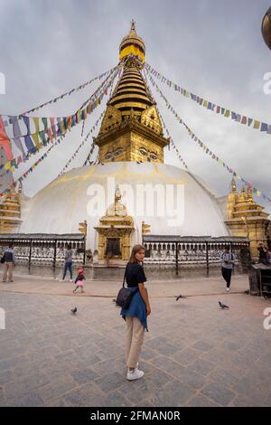 Complesso del Tempio di Swayambhunath (Tempio delle scimmie) a Kathmandu, Nepal Foto Stock