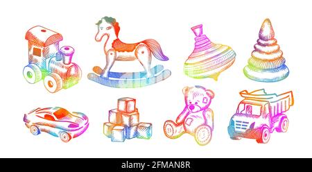 Un set di giocattoli colorati per bambini disegnati con una penna. Illustrazione vettoriale Illustrazione Vettoriale