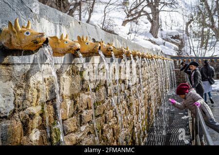 I pellegrini si benedicano alla fontana con i 108 gargoyle a testa di toro nel luogo di pellegrinaggio di Muktinath, Mustang, Nepal Foto Stock