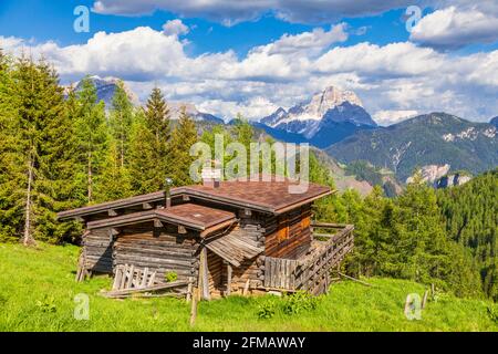 Rifugi in estate, paesaggi rurali in alta quota nelle dolomiti, pascoli di Laste, rocca Pietore, Belluno, Veneto, Italia Foto Stock