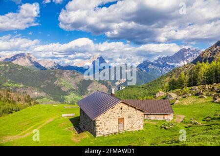 Rifugi in estate, paesaggi rurali in alta quota nelle dolomiti, pascoli di Laste, rocca Pietore, Belluno, Veneto, Italia Foto Stock