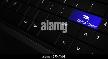 Pulsante e icona delle classi online su una tastiera con luci blu accese. Moderno sfondo di apprendimento online con rendering 3D Foto Stock