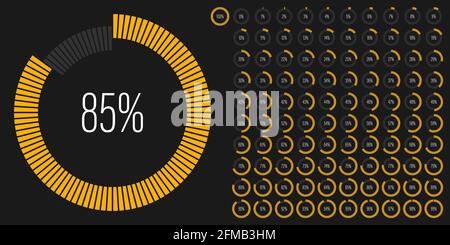 Set di diagrammi percentuali circolari metri da 0 a 100 pronti all'uso per il web design, interfaccia utente o infografica - indicatore giallo Illustrazione Vettoriale