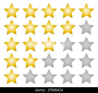 Punteggio stelle gradiente vettore web classifica star segni. Icone vettoriali a stella su sfondo bianco. Valutazione del prodotto del cliente. Adesivo ed etichetta. Illustrazione Vettoriale