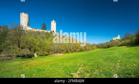Germania, Sassonia-Anhalt, Naumburg, Bad Kösen, Saaleck, Rovine del castello di Rudelsburg e Saaleck Foto Stock