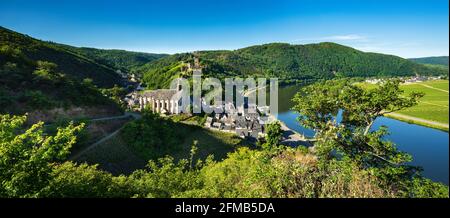 Germania, Renania-Palatinato, Beilstein (Mosel), vista nella valle della Mosella al villaggio del vino di Beilstein con la Chiesa Carmelitana, rovine del castello di Beilstein e vigneti Foto Stock