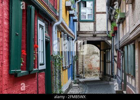 Germania, Sassonia-Anhalt, Quedlinburg, vicolo stretto, colorate case a graticcio nel centro storico Foto Stock