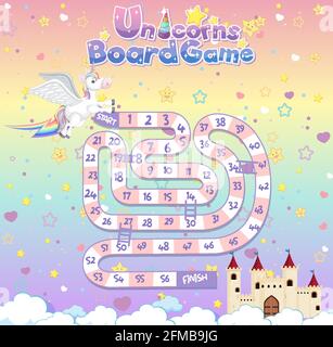 Gioco da tavolo per bambini in stile unicorno pastello modello illustrazione Illustrazione Vettoriale