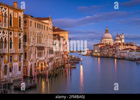 Canal Grande di notte con la Basilica di Santa Maria della Salute, Venezia, Italia Foto Stock