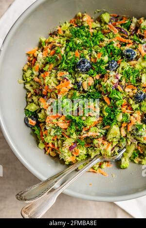 Primo piano di una ciotola grigia con insalata di broccoli colorata e due forchette. Foto Stock