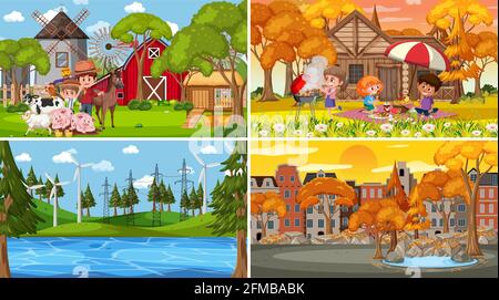 Diverse scene di sfondo della natura nell'illustrazione dell'insieme Illustrazione Vettoriale