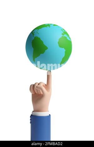Cartoon mano tenendo su un dito il pianeta terra isolato su sfondo bianco. illustrazione 3d. Foto Stock