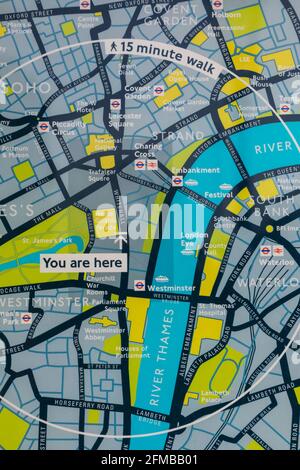 Inghilterra, Londra, Westminster, Mappa della strada che mostra Whitehall e dintorni Foto Stock