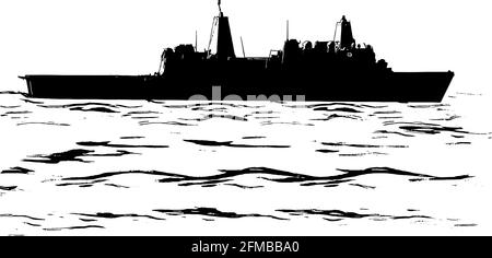 Nave militare in mare illustrazione vettoriale in nero su bianco sfondo Illustrazione Vettoriale