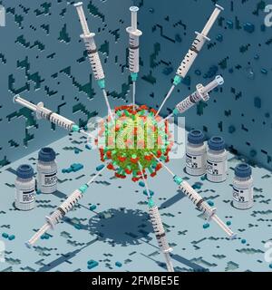 Virus corona attaccato in forma di stella da siringhe di vaccino in stile grafico voxel, vista isometrica Foto Stock