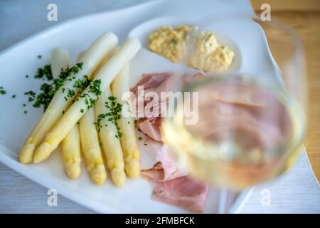 Terlan, Alto Adige, Provincia di Bolzano, Italia. Asparagi Terlano con prosciutto di erbe e salsa di Bolzano Foto Stock