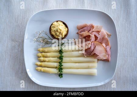 Terlan, Alto Adige, Provincia di Bolzano, Italia. Asparagi Terlano con prosciutto di erbe e salsa di Bolzano Foto Stock