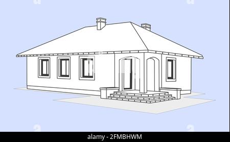 Disegno lineare a matita della casa. Silhouette bianca di una casa di tipo cottage. Isolato. Vettore Illustrazione Vettoriale
