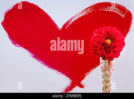 Un cuore rosso dipinto a mano con un fiore di dahlia in un vaso di cristallo Foto Stock