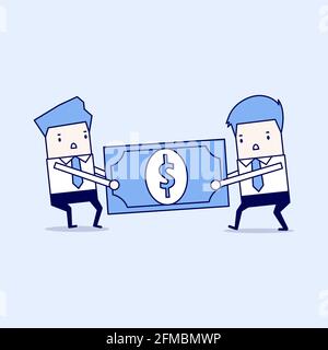 Due uomini d'affari stanno tirando il dollaro l'uno all'altro. Vettore stile linea sottile carattere cartoon. Illustrazione Vettoriale