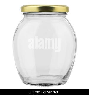 Vaso vuoto con tappo dorato. Concetto di conservazione degli alimenti. Il file contiene il percorso di ritaglio. Foto Stock