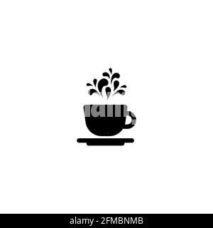 tazza con gocce volanti. icona silhouette. Tazza con tè o caffè icona piatto. Pittogramma nero isolato su sfondo bianco. Illustrazione vettoriale. Morni Illustrazione Vettoriale