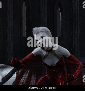 Illustrazione 3D vampiro donna in un castello gotico Foto Stock