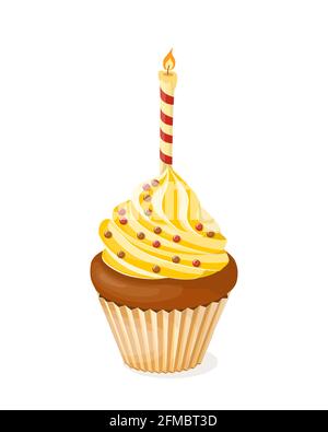 Cupcake colorato e realistico isolato con candela e palline su sfondo bianco. Illustrazione vettoriale per l'invito alla festa del tè o il biglietto di compleanno, sudore Foto Stock