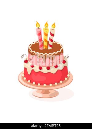 Realistico isolato piano torta colorata con candele su sfondo bianco. Illustrazione vettoriale per l'invito alla festa del tè o il biglietto di compleanno, menu dolce Foto Stock