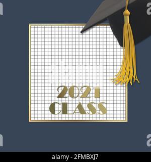 Graduazione 2021. Tappo graduato 2021 con nappina. Classe Gold text 2021 su carta a griglia quadrata. Educazione, saluti, concetto di realizzazione. Posiziona per tex Foto Stock