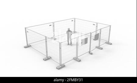 Rendering 3D di un uomo in piedi in isolamento quarantena spazio vuoto. Foto Stock