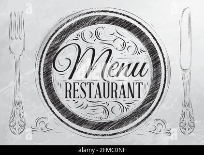 Menu ristorante scritta su un piatto con una forchetta e un cucchiaio sul lato in stile retrò disegno con carbone sulla tavola. Illustrazione Vettoriale