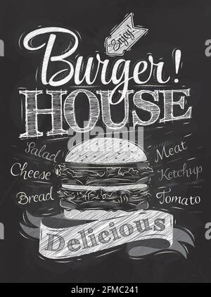 Poster scritta Burger House dipinto con un hamburger e iscrizioni stilizzato disegno con gesso su lavagna. Illustrazione Vettoriale