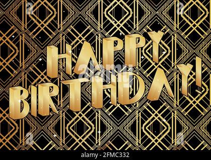 Art Deco Happy Birthday tipografia. Biglietto d'auguri retrò di lusso decorativo, segno con lettere vintage. Illustrazione Vettoriale