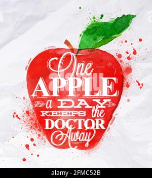 Poster con scritta rossa di mela acquerello una mela al giorno tiene lontano il medico Illustrazione Vettoriale